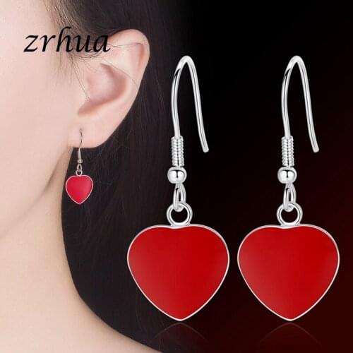 ZRHUA Romatic Silver Color Drop Heart Earrings for Women Shiny Red Crystal Jewelry Best Christmas Gifts Engagement Brinco