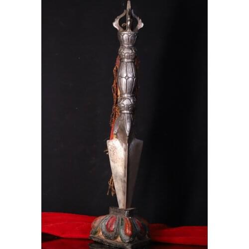 18" Tibet Buddhism Tiantie Snake head artifact Dorje Vajra Phurba Dagger Holder Bodhi root base Exorcism Ward off evil spirits
