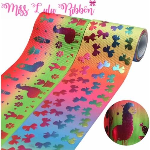 3"75mm Cartoon Alpaca Cactus Flower Bowknots Rainbow Foil Red Green Gradient Color Printed Grosgrain Ribbon DIY 50yards/roll