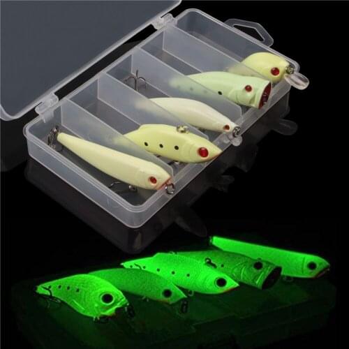 5pcs/box Fishing Lure Bait Kit Noctilucent Luminous VIB Popper Crank Minnow Pencil Hard Bait Night Glow Artificial Lures