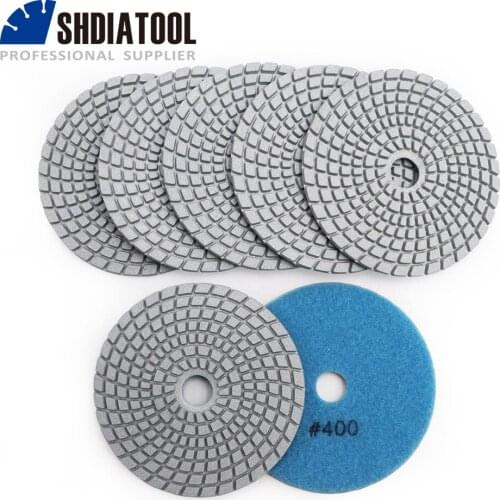 SHDIATOOL 7pcs 4" 100mm diamond wet flexible polishing pads B #400 White bond grinding disc for granite stone marble
