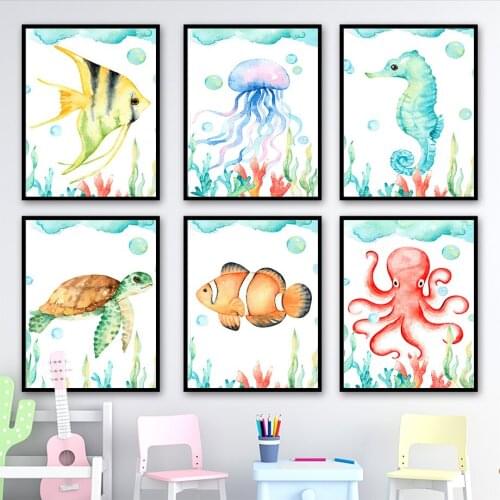 Watercolor Jellyfish Turtle Octopus Fish Wall Art Canvas Painting Nordic Posters And Prints Cartoons Pictures Kids Room Decor