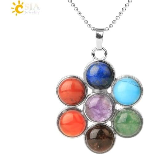 CSJA 7 Chakra Natural Stones Reiki Healing Charm Jewelry Flower of Life Pendant Necklace Yoga Jewellery Pendants Amulet E036
