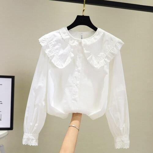 Preppy Style Women Shirts Turn-Down Collar Long-Sleeved Solid White Office Lady Shirts Plus Size Outwear Tops