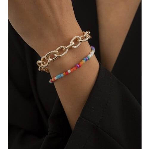 Ethnic Style Fashion Color Beaded Bracelet Set Simple Hollow O-shaped Hollow Aluminum Chain Bracelet European and American Style