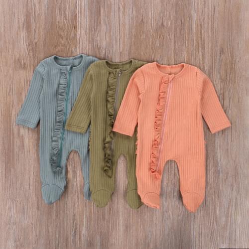 Cotton Newborn Baby Rompers Clothes Ruffle Stripe Infant Long Sleeve Jumpsuit Autumn Baby Girls Boys Solid Footed Sleepwear