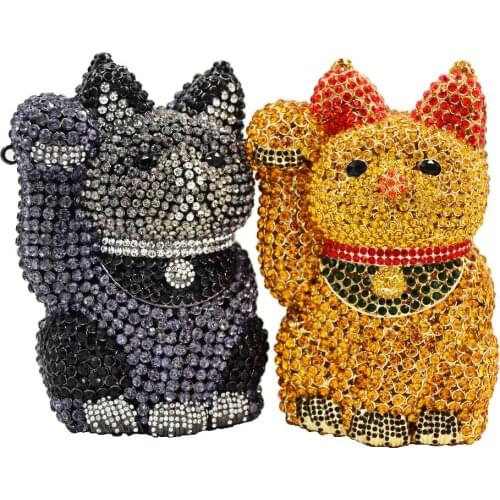 Lovely fortune cat Luxury Evening Party Purse Gold Grey Women Diamond Clutch Bag sparkly banquet packet SC654