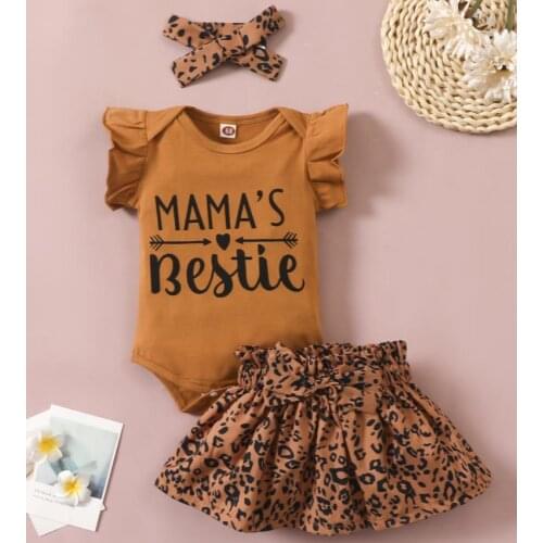 3Pcs Fashion Kids Girls Outfit Round Collar Fly Sleeve Letter Printing Romper Leopard Print Short Skirt Headwear Babys Sets