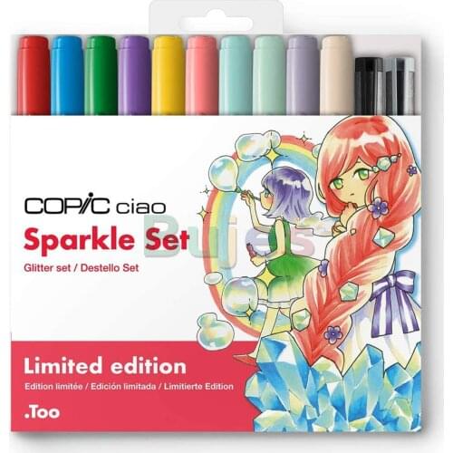 Copic Ciao Markers Limited Edition Sparkle Set of 12, A Combination of Basic and Pastel Color Ciao Markers, Black and Grey