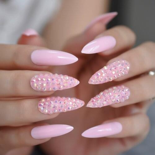 Nails With Design Rhinestone False Diamond Nails Fingernails Pre-design Nails Set Press On Stiletto Sharp Fake Nails Tips Long