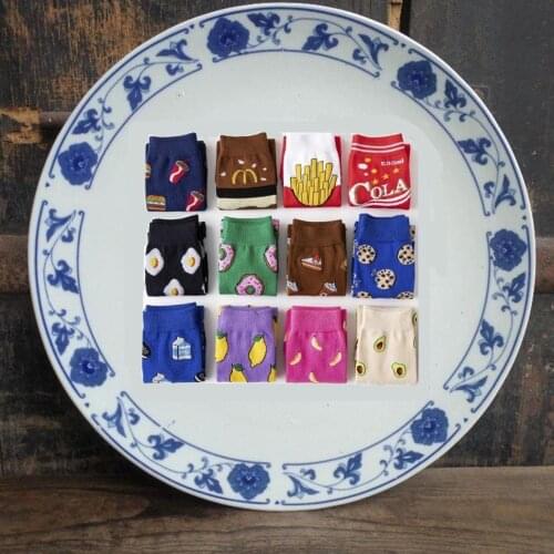 Women Socks Funny Cute Cartoon Fruits Banana Avocado Lemon Egg Cookie Donuts Food Happy Japanese Harajuku skateboard Socks