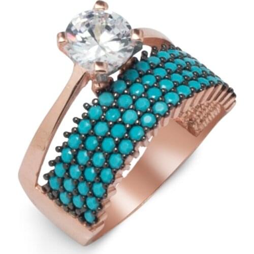 Rose Gold 925 Sterling Silver Solitaire Ring with 4 Line Half Round Tuquoise Stone