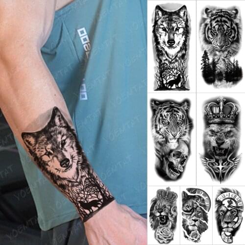 Waterproof Temporary Tattoo Sticker Forest Moon Tree Wolf Flash Tattoos Tiger Lion Crown Skull King Body Art Arm Fake Tatoo