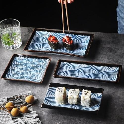 Japanese Ceramic Blue Stripe Sushi Dishes Hotel Restaurant Tableware Modern Home 9 Inch Retro Rectangular Sashimi Dessert Dishes