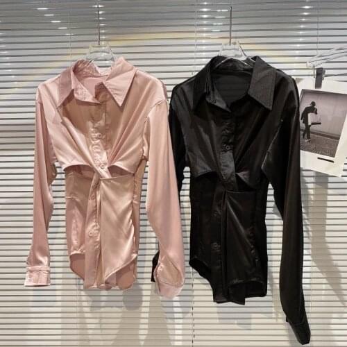 Women Asymmetrical Hollow Out Shirt New Turn-down Collar Long Sleeve Fashion Temperament Spring Summer 2021 Z957