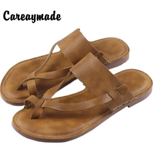 Careaymade-Genuine leather shoes New style summer Retro-Vintage flat-soled cowhide sandals womens tie angle literary sandals