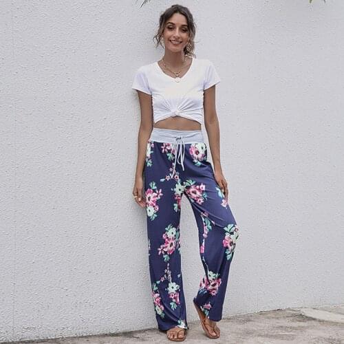 Women Casual Floral Wide Leg Long Pant Autumn Winter New Drawstring High Waist Loose Pollka Dot Tie-dye Print Trouser Streetwear