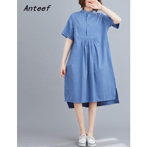 Short sleeve plus size cotton vintage dresses for women casual loose long summer shirt dress elegant clothes 2021 sundress