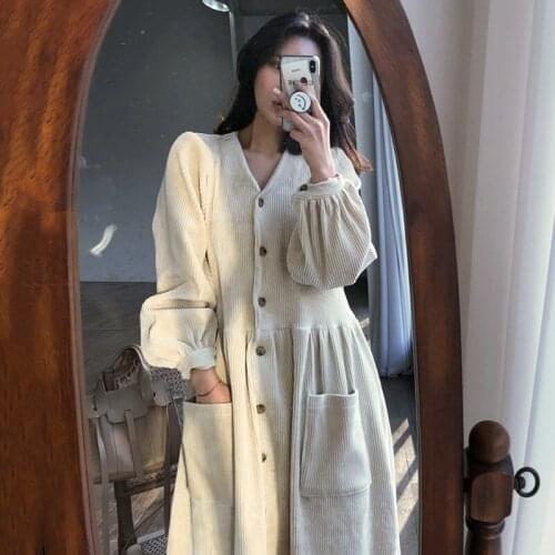 Women Dress Corduroy Oversize Korean V Neck Single Breasted Solid Vintage Loose Lantern Long Sleeve Lady Vestido Spring Ropa 4XL