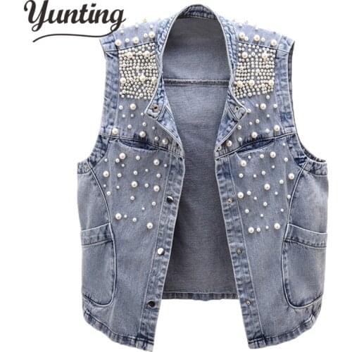 Sleeveless Womens Vest 2021 Summer Denim Waistcoat Fashion Casual Short Jeans Jacket Beaded Slim Outerwear