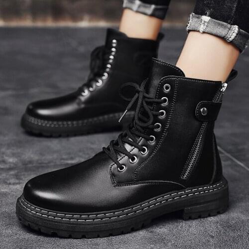 Winter Sneakers for Mens Military Boots Leather Shoes for Men Winter Fashion Lace Up Black Ankle Platform Motorcycle Boots