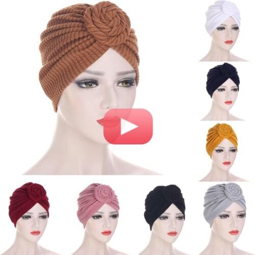 2021 Ladies Turban Soild Color Top Knot Headscarf Spring Autumn Women Headwrap Big Flower India Hat Hijabs Cap Accessories