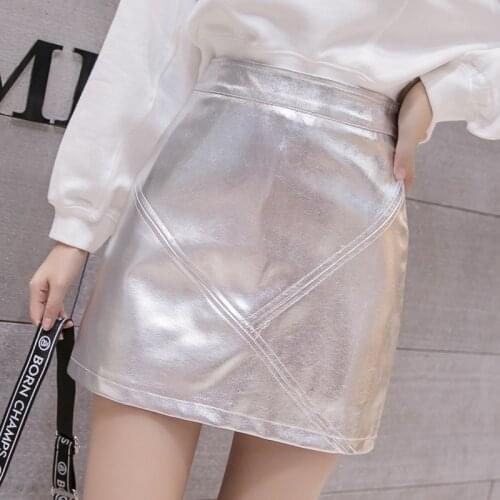 2019 Metallic color Faux leather Skirt New Women High Waist A lined Bright color mini short Skirts Femme black Silver 2 colors