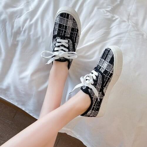 AARDIMI Plaid Canvas Women Ballet Flats Lace-Up Flat With Woman Sneakers Round Toe Casual Footwear Zapatillas Mujer 2020 New