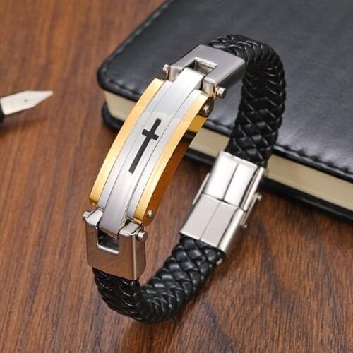 Classic Fashion Stainless Steel Jewelry Woven Leather Bracelet Men Crook Brand Cross Leather Bracelet Mens Jewelry