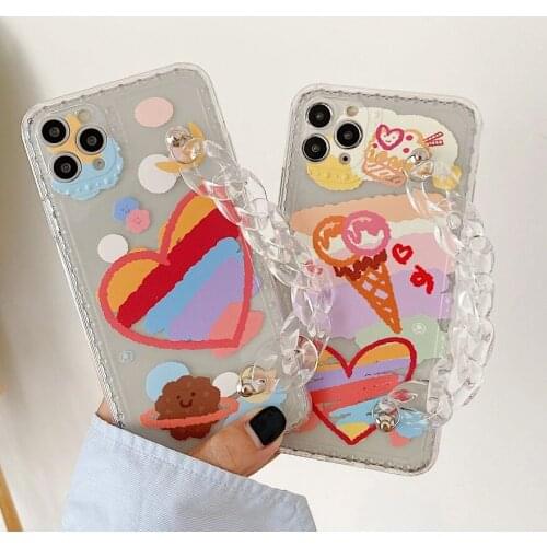 Wrist Chain Case for iPhone 12 Pro Max 12mini 11Pro Max 7 8 Plus XR XS Max Transparent Cases Art Graffiti Chain Hanging Case
