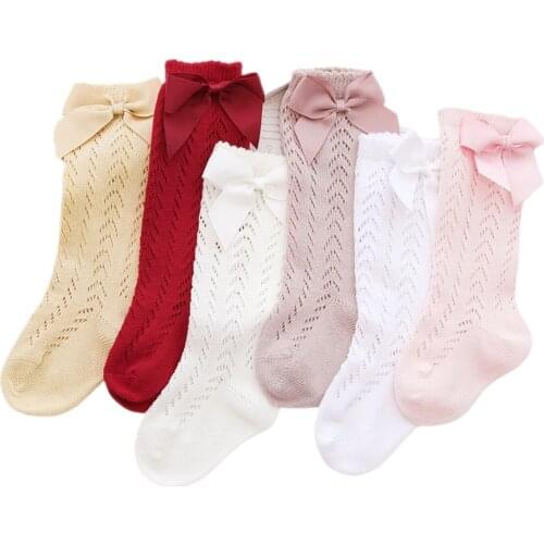 Emmababy Stockings Toddler Baby Girls Solid Color Bowknot Socks Long Tube Socks for Girls Red/Beige/Pink/Ginger/White/Dusty Pink