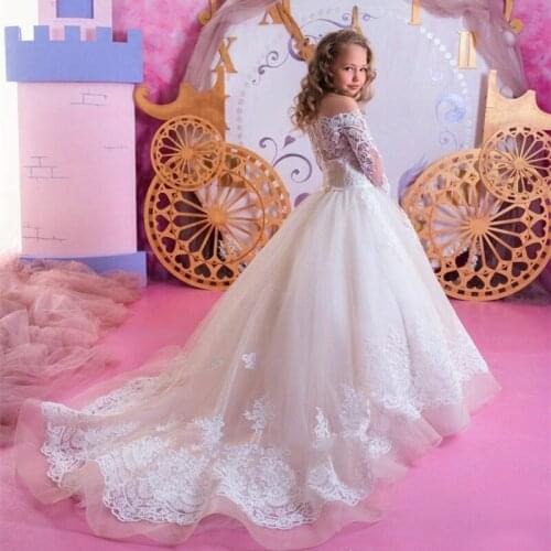 Kids Flower Girls Dresses for Wedding Princess Long Sleeves First Communion Sweep Train Buttons Back Pageant Party Gowns