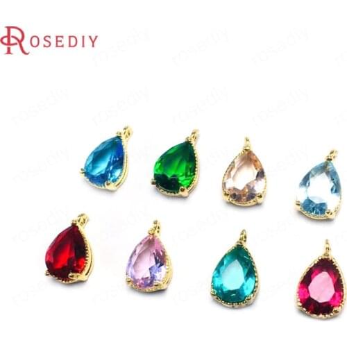 38404)10PCS 6x8MM 24K Champagne Gold Color Brass and Glass Drop Shape Charms Pendants High Quality Jewelry Findings Accessories