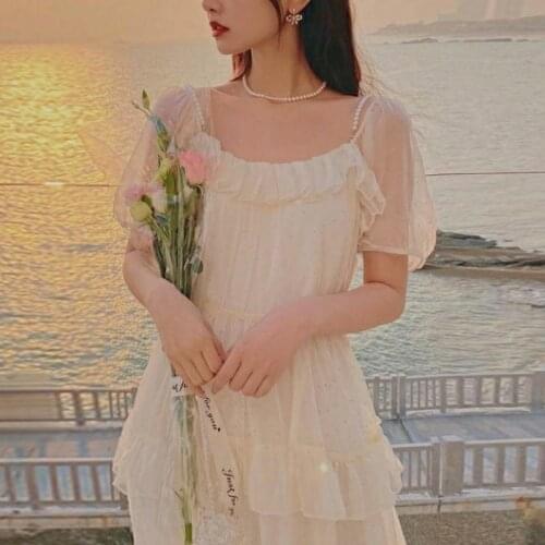 Summer Elegant Strap Fairy Dress Women Vintage Princess Korean High Waist Sweet Dress Female Casual Puff Sleeve Beach Dress 2021