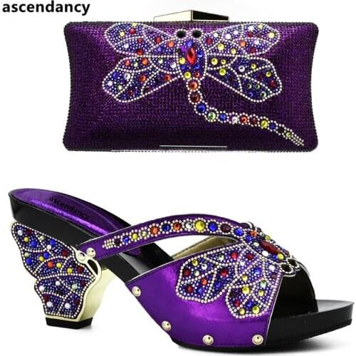 New Arrival Purple Color African Shoes and Matching Bags Italian Shoes and Bags To Match Shoes with Bag Set Decorated with Stone