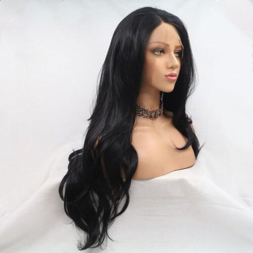Side Part Wavy Synthetic Lace Front Wig Natural Black Synthetic Wigs for Women Glueless Long Black Hair Wig Heat Resistant