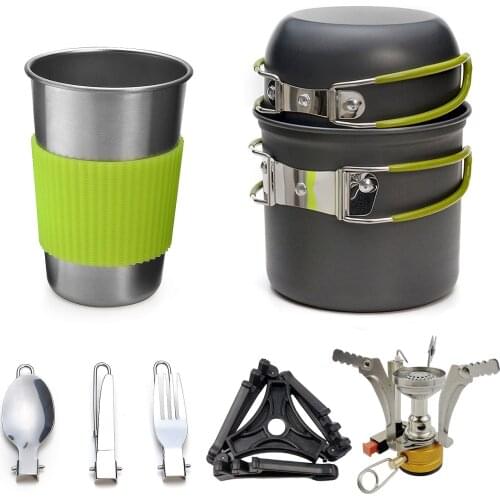 Camping Hiking Cookware Picnic Cooking Set Outdoor Pot Mini Gas Stove Sets Non-Stick Bowls With Foldable Spoon Fork Knife