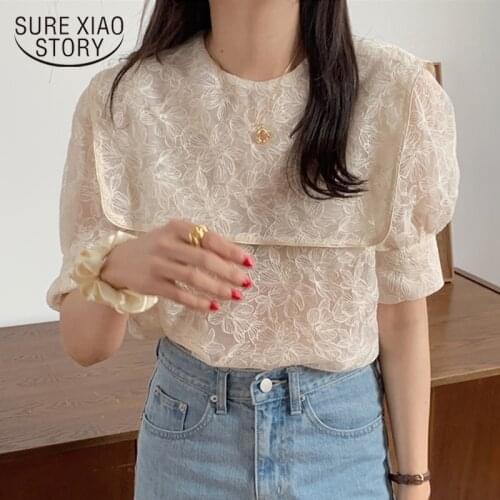 2020 High Quality Chic Lady Half Sleeves Sweet Girls Loose Shirt Tops Korean Fashion Clothing Embroidery Lace Cute Blusas 9955