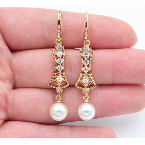 Gold Color Women Fashion Palace White Round Pearl Dangle Earrings Jewelry