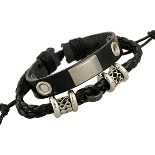 Punk Rock Fashion Men Black Leather Bracelet Multilayer Braided Alloy Charm Bangle Wrap Handmade Wristbands Women Hippie Jewelry