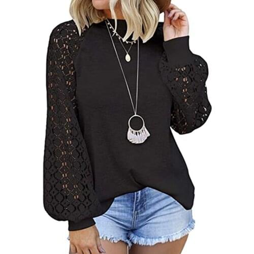 Autumn Ladies T Shirt Lace Patchwork Casual O Neck Hollow Out Lattern Sleeves Solid Pullover Female T Shirt
