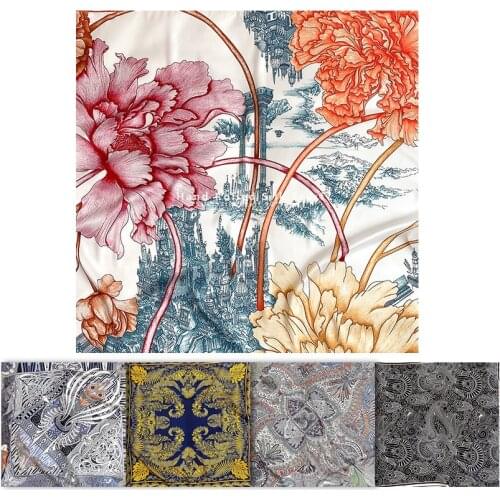 Flowers print Manual Rolled Scarf top Satin Scarf 90x90 Satin Square Scarfs bandana 100% Silk Designer Scarf Shawls And Wraps