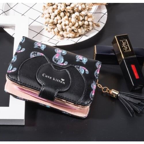 Tassel Cartoon Cat Women Wallet Printing PU Leather Women Wallet Brand Designed Coin Purse Female Card Holder Cute Girl Wallet