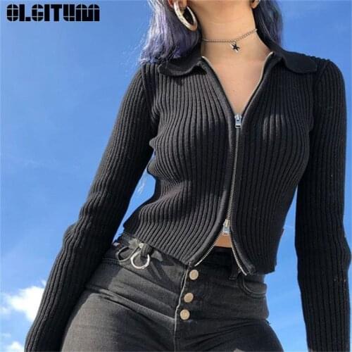 2020 New Women Autumn Retro Ribbed Zipper Sweaters High Waist Navel Bare Crop Tops Cardigan Long Sleeve Turn Down Collar Sweater