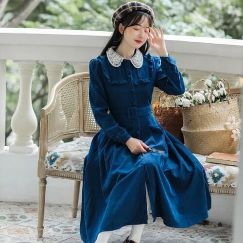 Retro Light Luxury Female Corduroy Dress Lace Stitching Chic Beade Lapel Elegant Temperament Dress Fall French Casual Maxi Dress