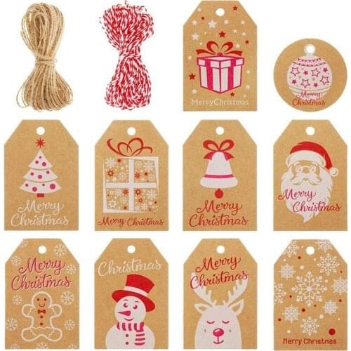 100PCS Christmas Gift Tags-Kraft Paper Tags Hang Labels with Twine String,10 Styles with Snowflake/Christmas Tree/Santa