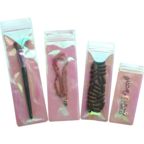 1000pcs Long Shape Rainbow Pink Ziplock Bag Iridescent Clear Zip lock Lipgloss Packaging Bags Cosmetic Plastic Laser Zipper bag