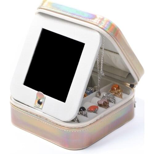 2021 New PU Leather Jewelry Display Storage Case With Mirror Zipper Travel Jewelry Box Two Layer Makeup Jewelry Organizer