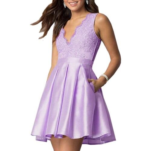 Satin Mini Homecoming Dresses Lace Appliques Bodices V-Neck Graduations Dresses Cut Out Back With Pocket Women Skirt