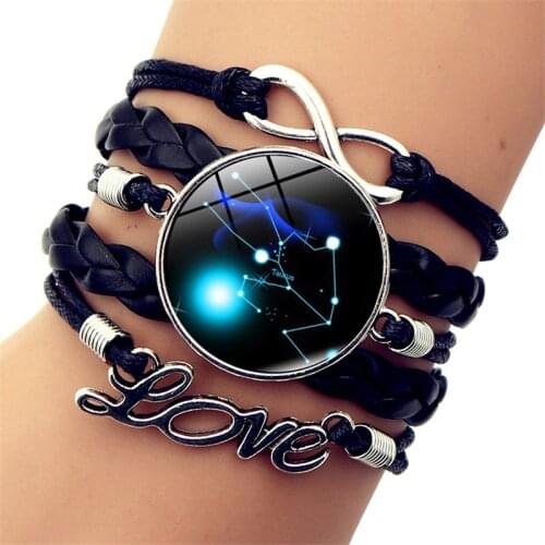 WG 1pc Twelve Constellation Time Gem&stone Bracelet Infinite LOVE Letter Retro Multilayer Woven Bracelet Jewelry For Women Men